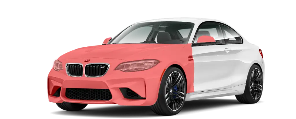 Coverage diagram: white BMW coupe with the entire front end highlighted in red — bumper, full hood and full front fenders back to the doors
