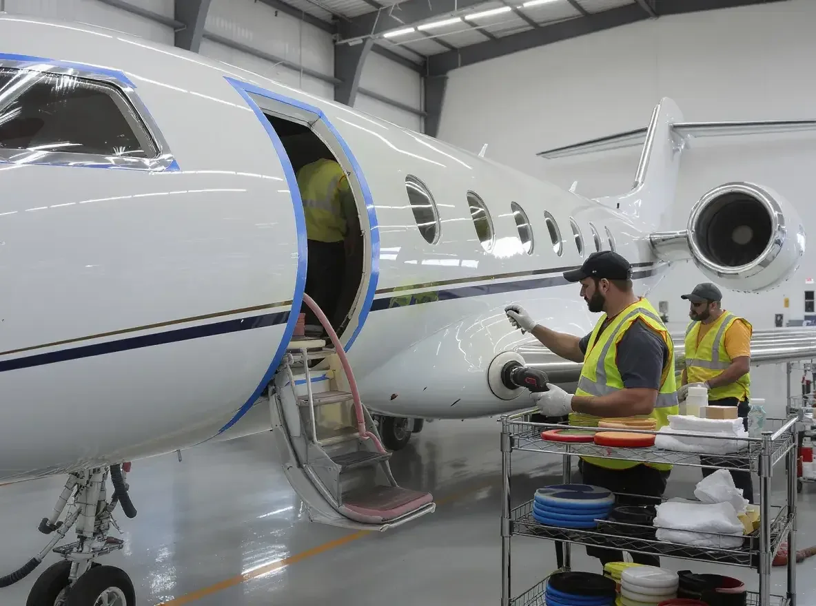 Two detailers in hi-vis vests working on the fuselage of a white business jet in a hangar