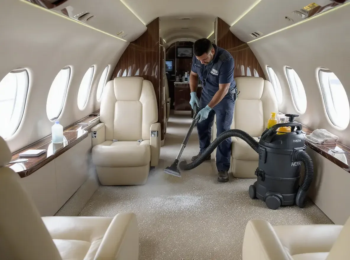 Detailer vacuuming the carpet of a business jet cabin with cream leather seats