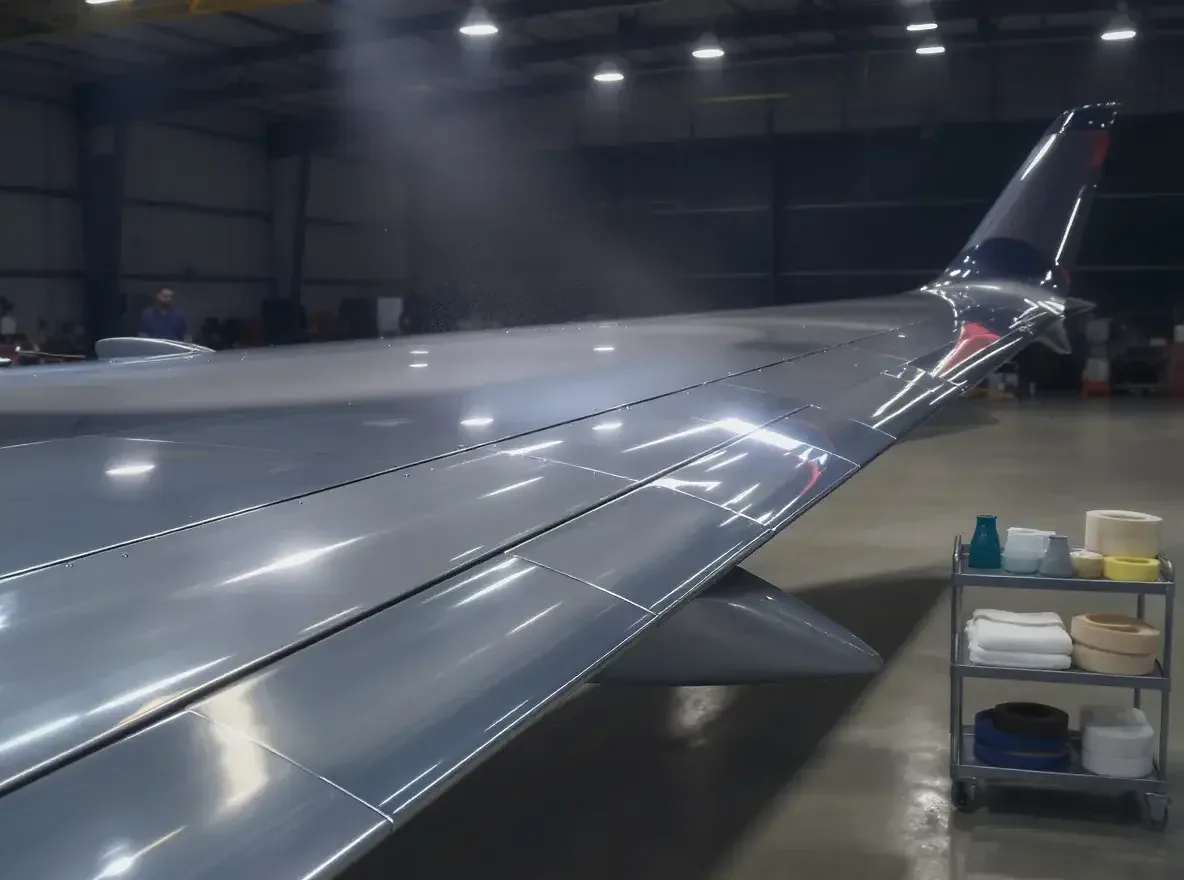Polished aircraft wing and winglet reflecting hangar lights, a detailing cart beside it