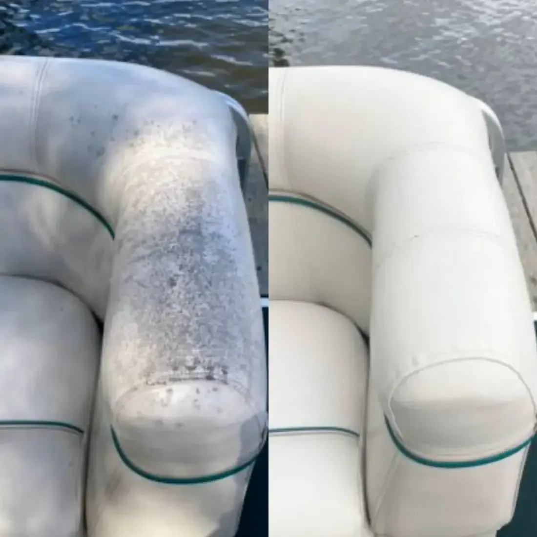 Side-by-side of a white vinyl boat seat, speckled with mildew on the left and clean on the right
