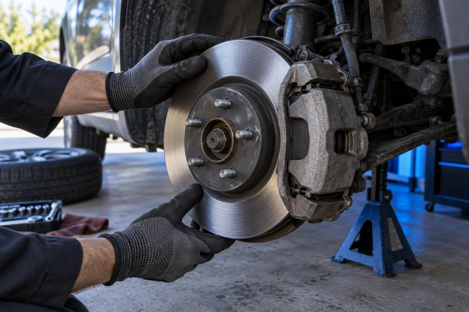 Illustrative close-up of gloved hands inspecting a brake rotor and caliper