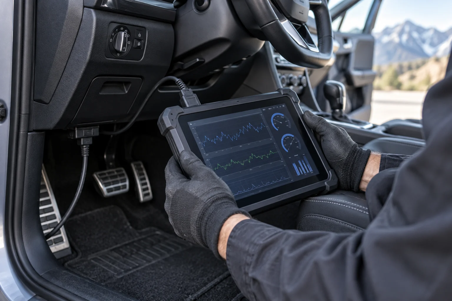Illustrative automotive diagnostic tablet connected inside a parked vehicle