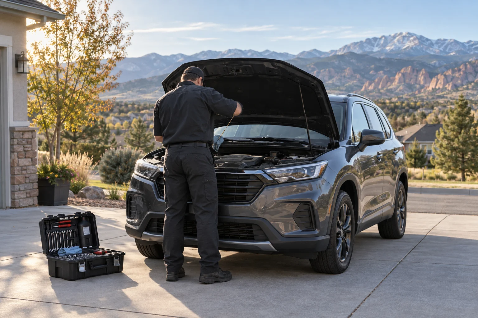 Illustrative mechanic checking an SUV in a Colorado-style suburban driveway