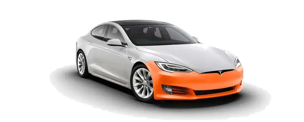 Coverage diagram: silver Tesla Model S with the front bumper highlighted in orange