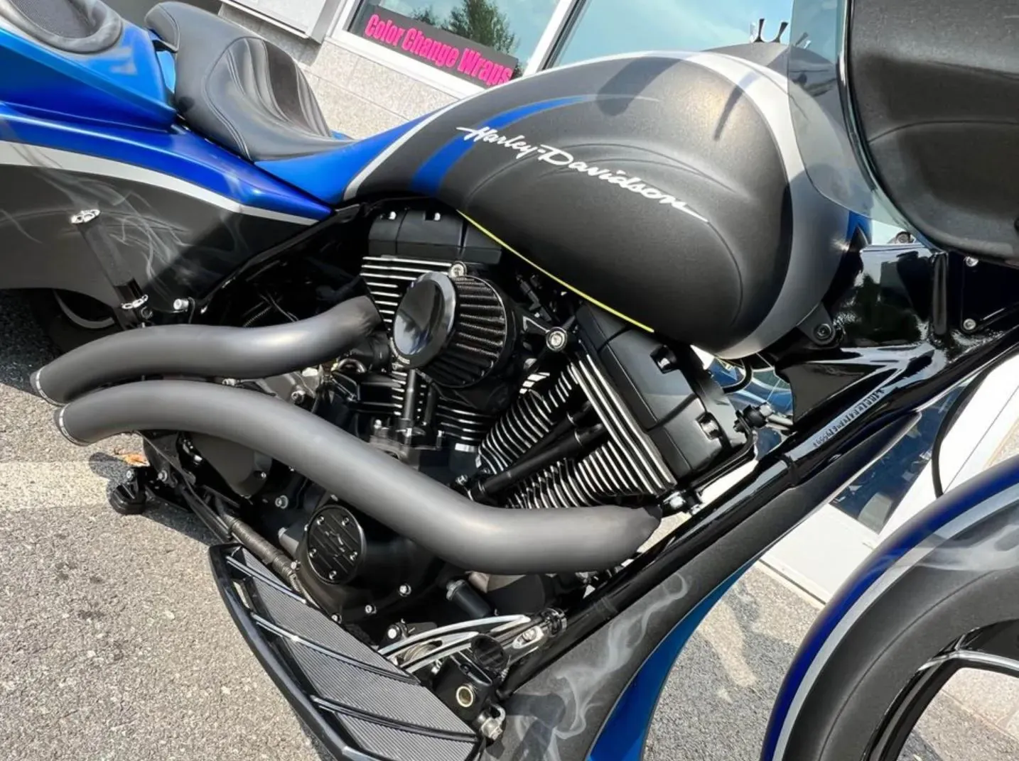 Blacked-out Harley-Davidson Road Glide engine after an ST6 motorcycle detail