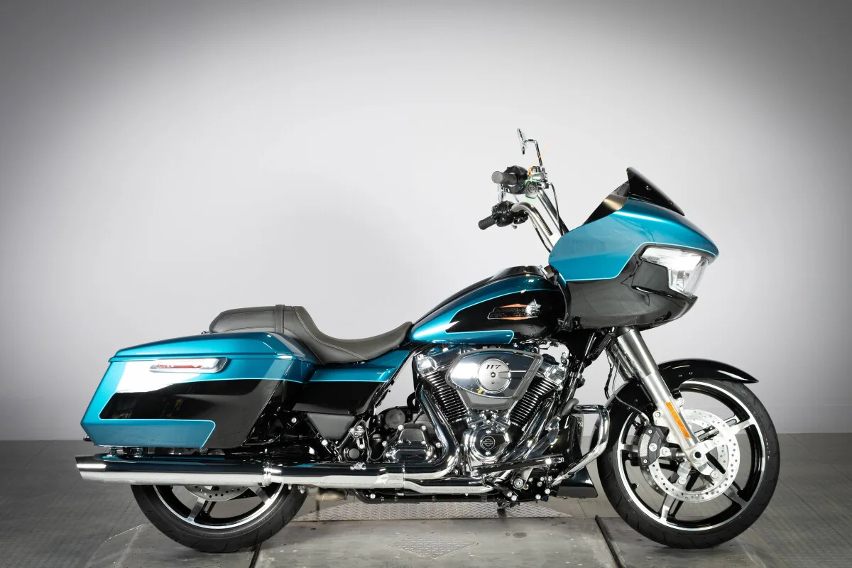 Harley-Davidson Road Glide in two-tone teal and black paint under clear coat with chrome Milwaukee-Eight 117 engine