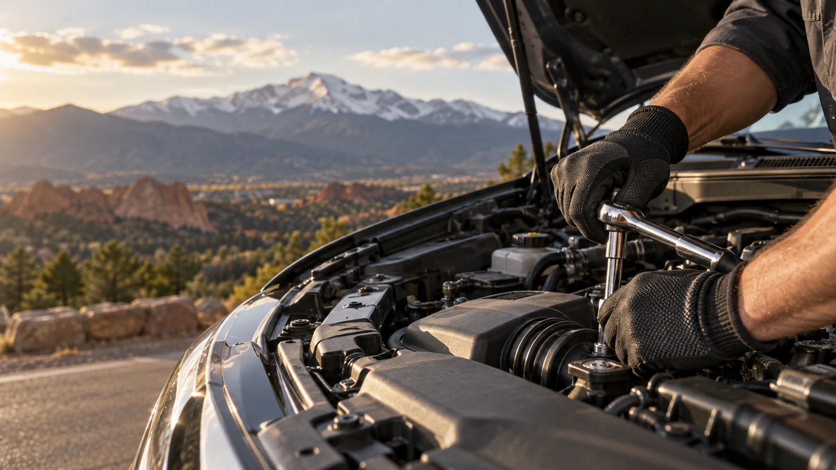 Illustration of a mechanic working in an engine bay with Colorado mountains behind