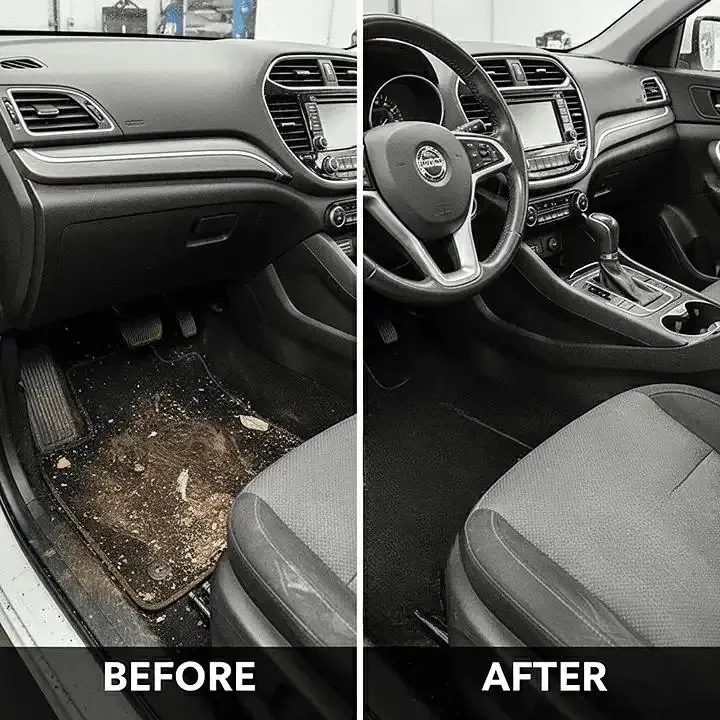 Car floor and dash before and after an ST6 interior detail
