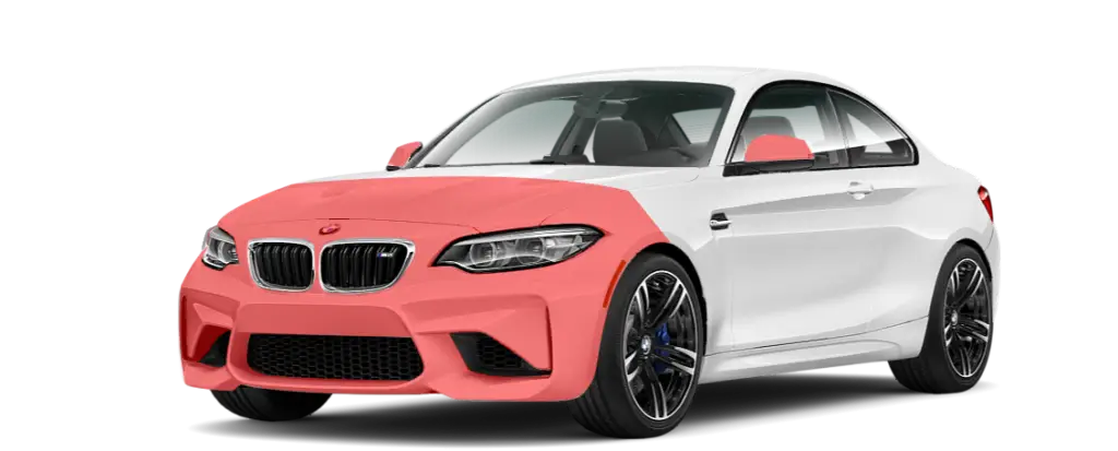 Coverage diagram: white BMW coupe with the front bumper and the leading section of the hood and front fenders highlighted in red