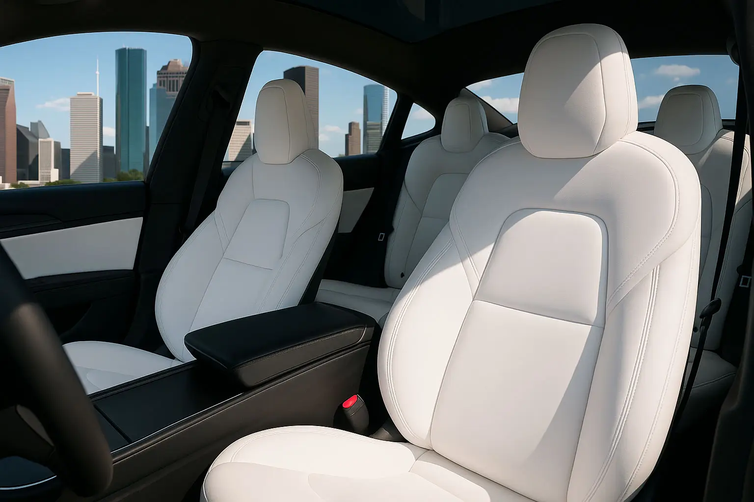 Interior of a white-leather Tesla cabin photographed through the side glass, with a city skyline visible outside