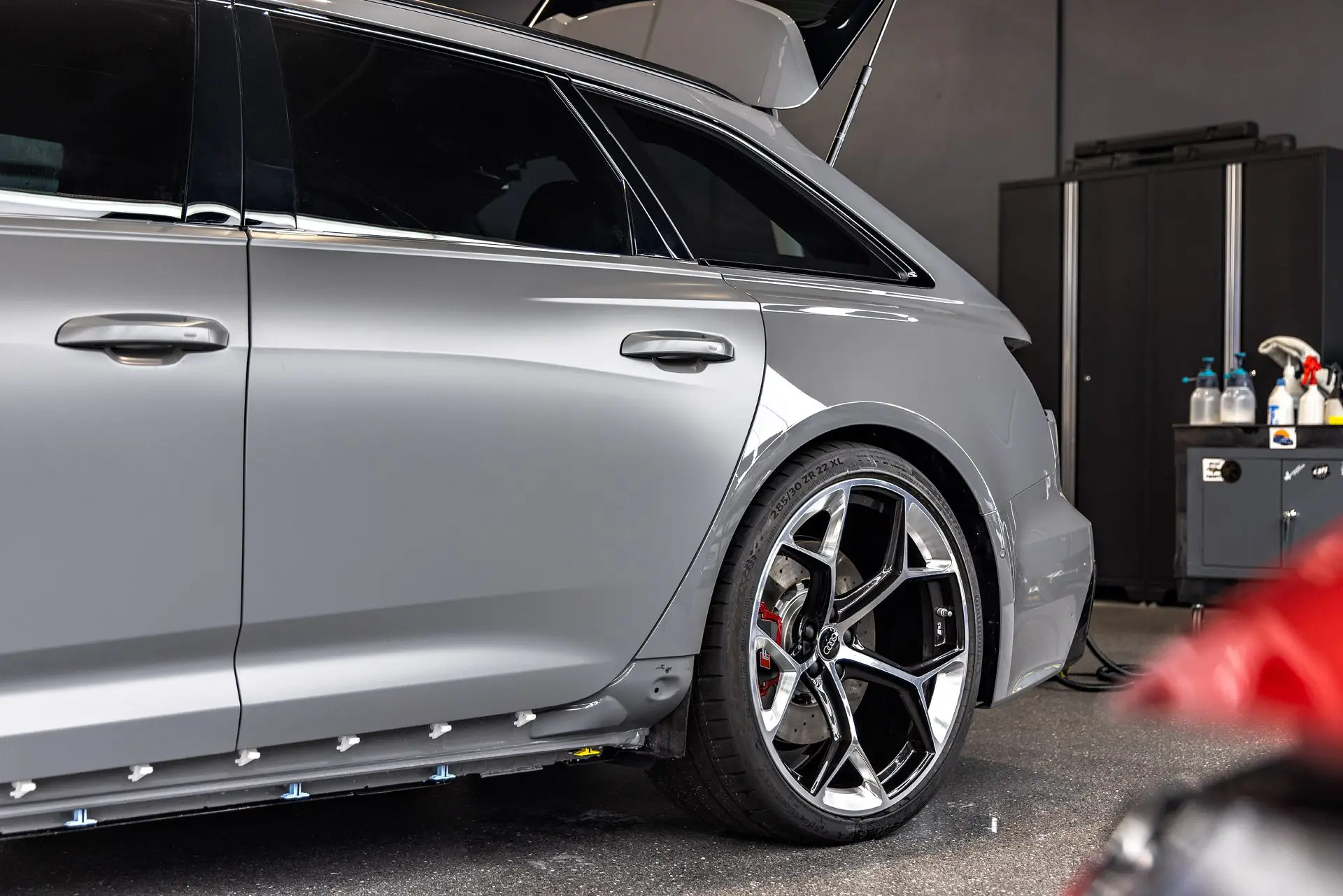 Silver Audi RS6 Avant in the ST6 Detailers bay with the hatch open