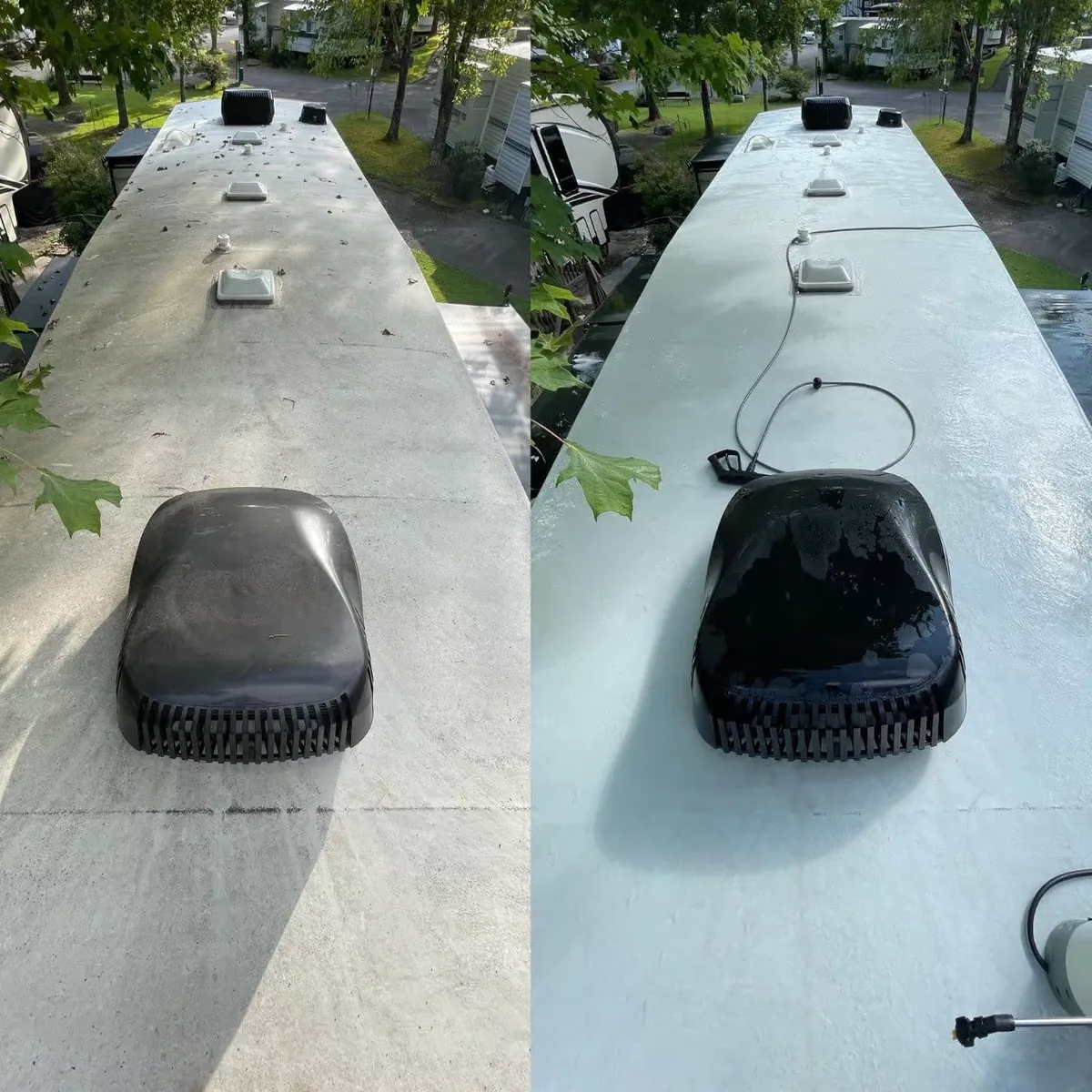 RV roof before and after cleaning, grey and streaked around the air conditioner on the left and bright white on the right