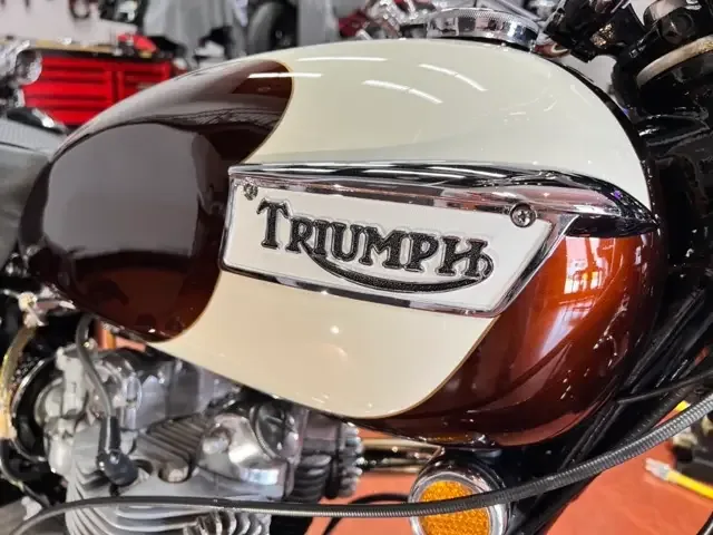 Cream and brown two-tone fuel tank of a classic Triumph with a chrome tank badge after detailing
