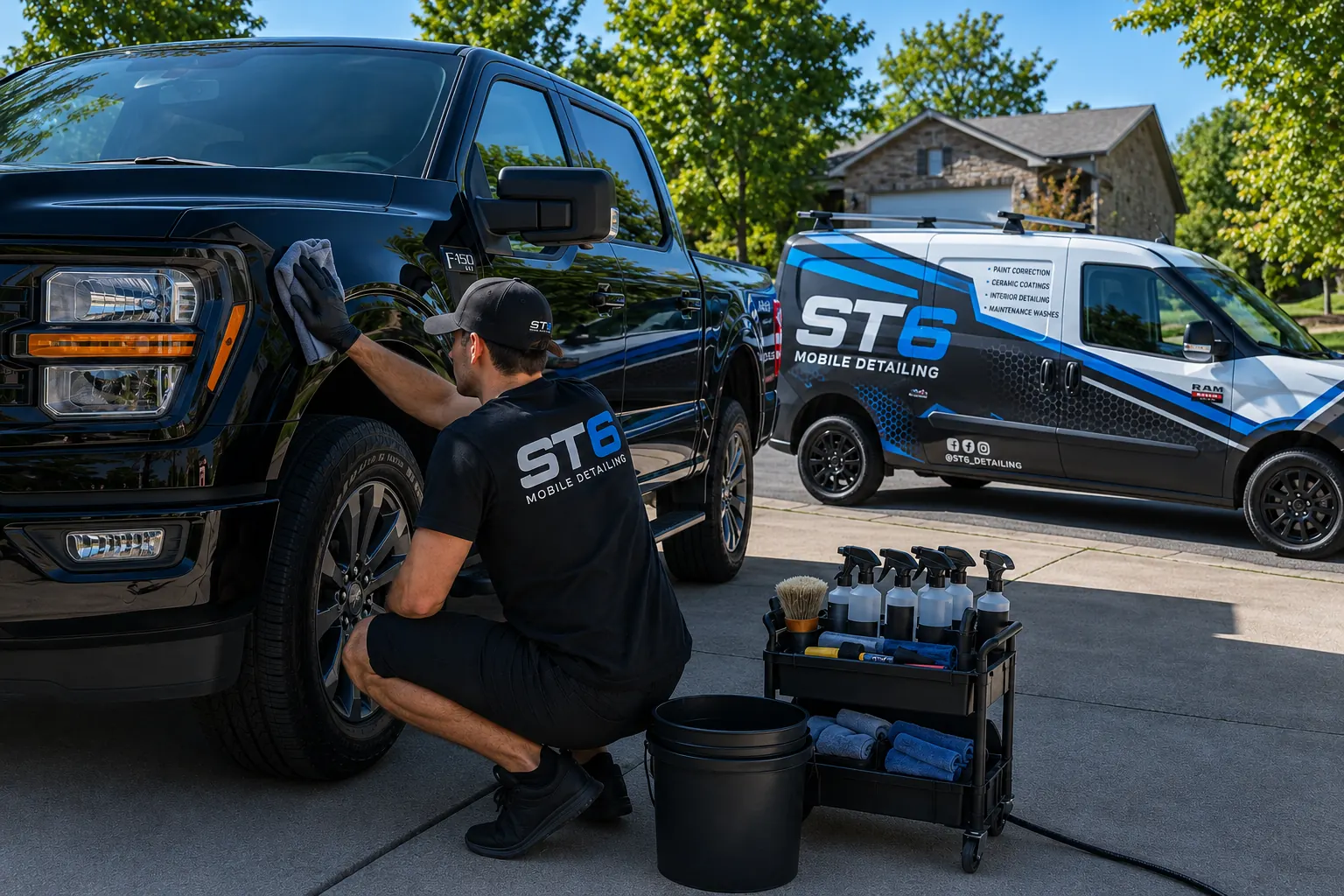 ST6 Detailers technician hand-finishing a black truck in a residential driveway with the ST6 mobile van behind