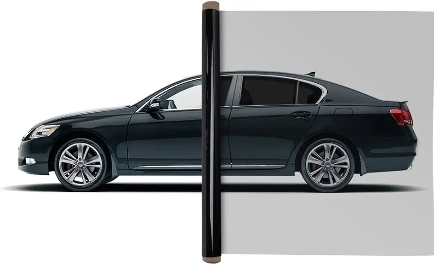 Dark sedan photographed side-on with every side window tinted