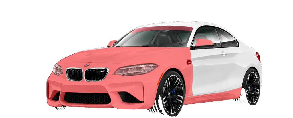 Coverage diagram: white BMW coupe with the full front end, the roof, the rocker panels and the leading edge of the rear quarter highlighted in red