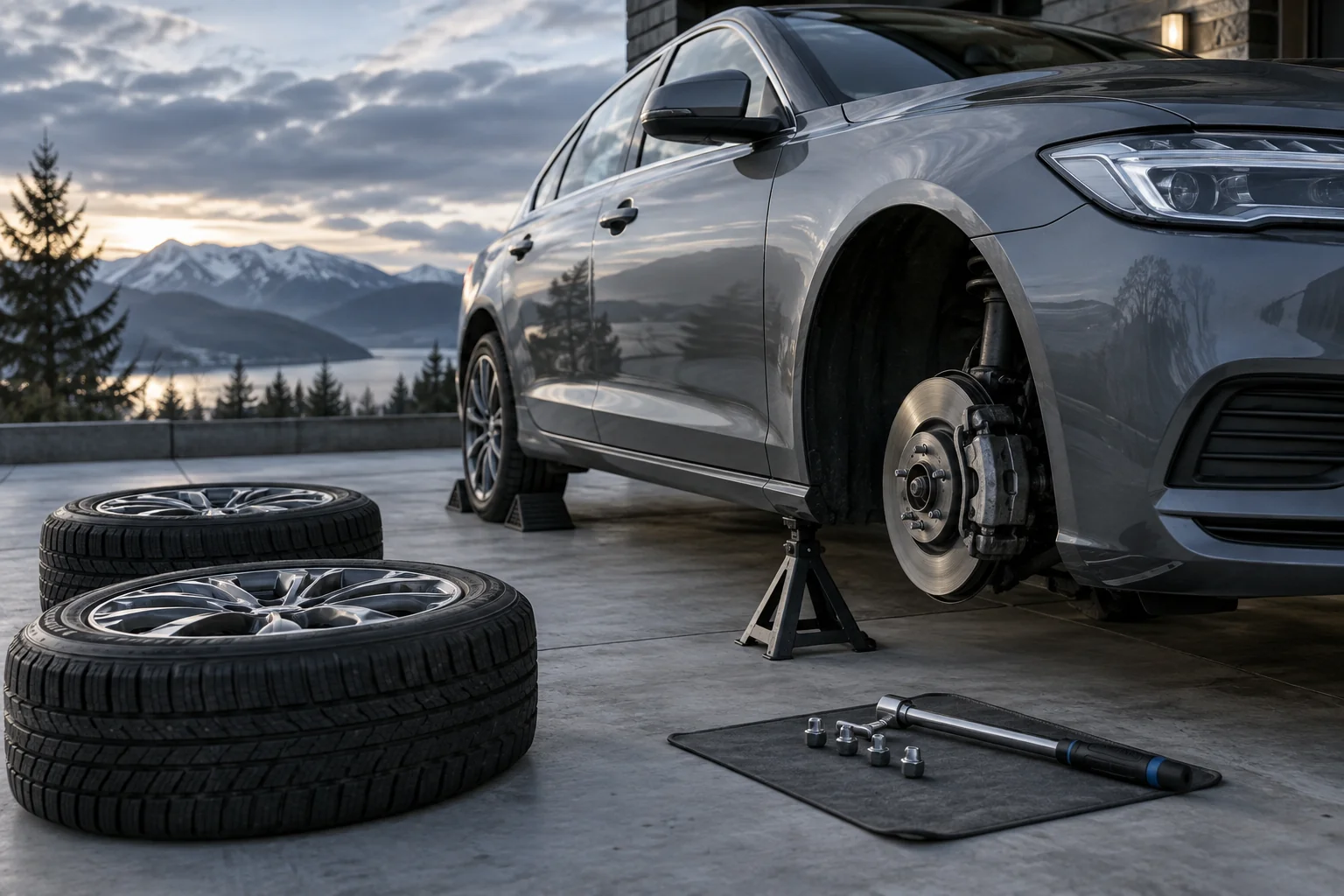 Tire rotation preparation beside a supported car