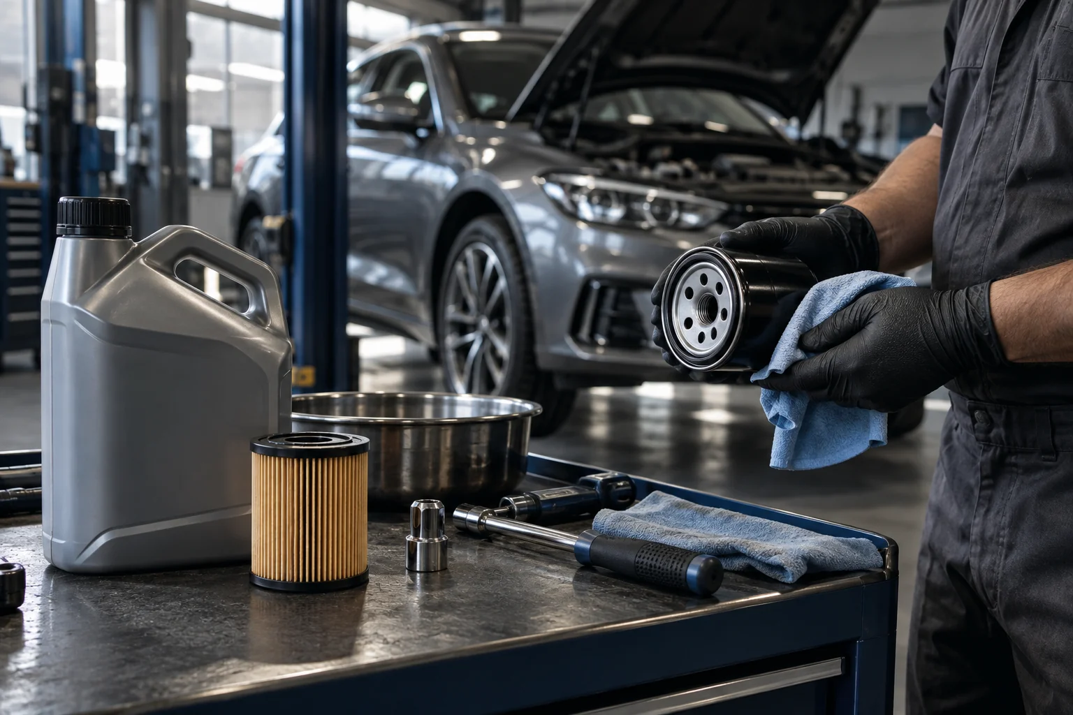 Illustrative oil and filter service preparation