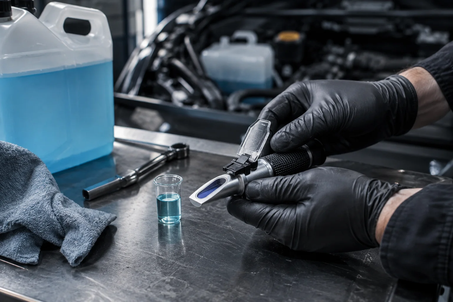Coolant sample testing with a refractometer