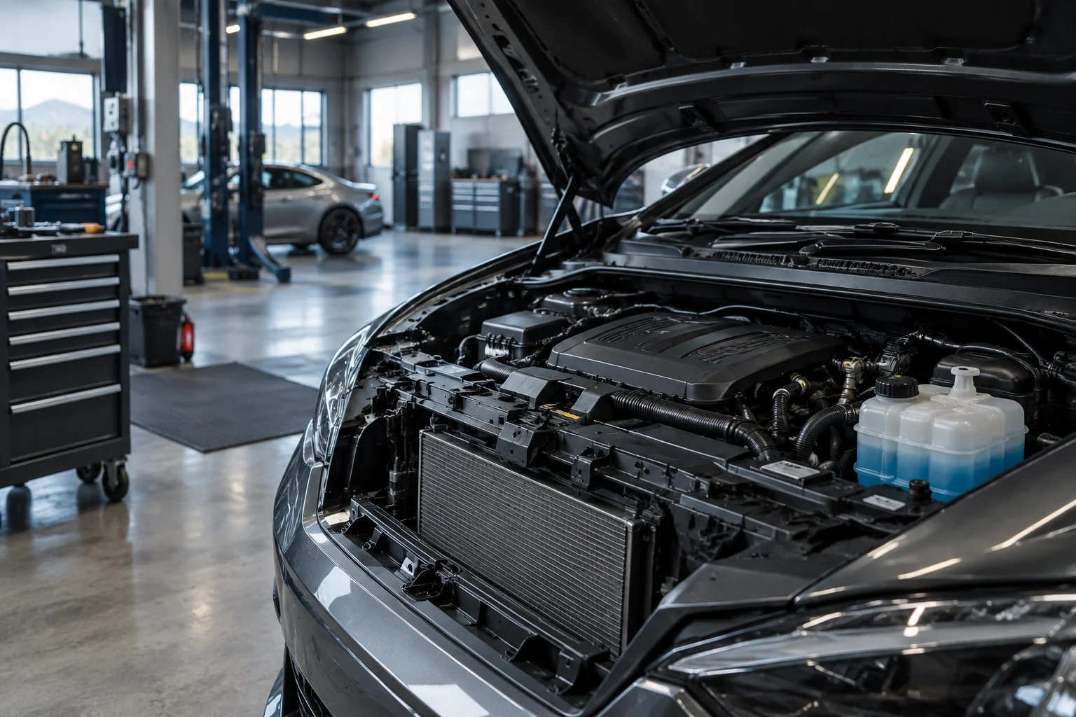 Illustrative cool engine bay prepared for cooling service