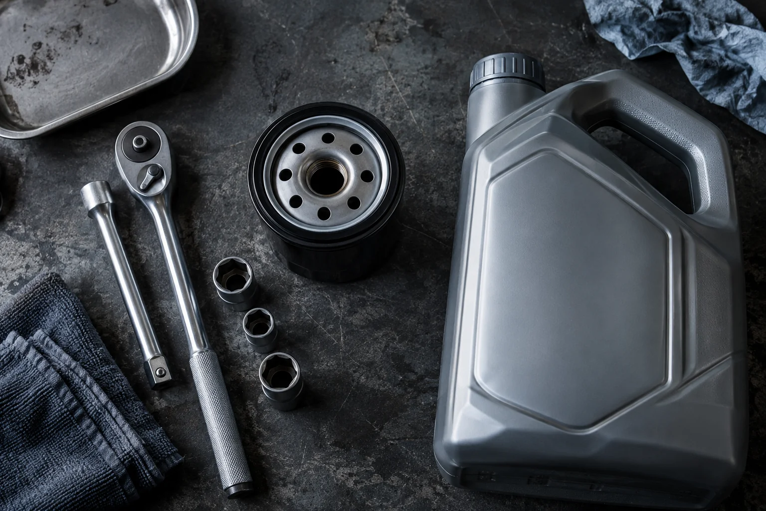 Oil filter and maintenance tools on a workbench