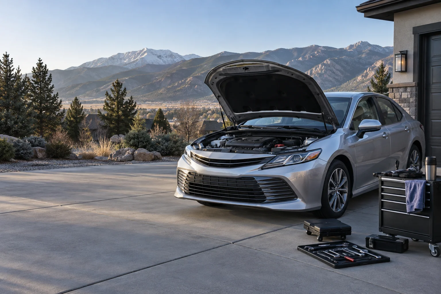 Illustrative mobile mechanic setup beside a sedan