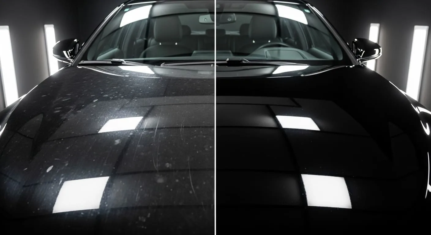 50/50 paint correction on a black hood: swirled and scratched on the left, clear reflections on the right