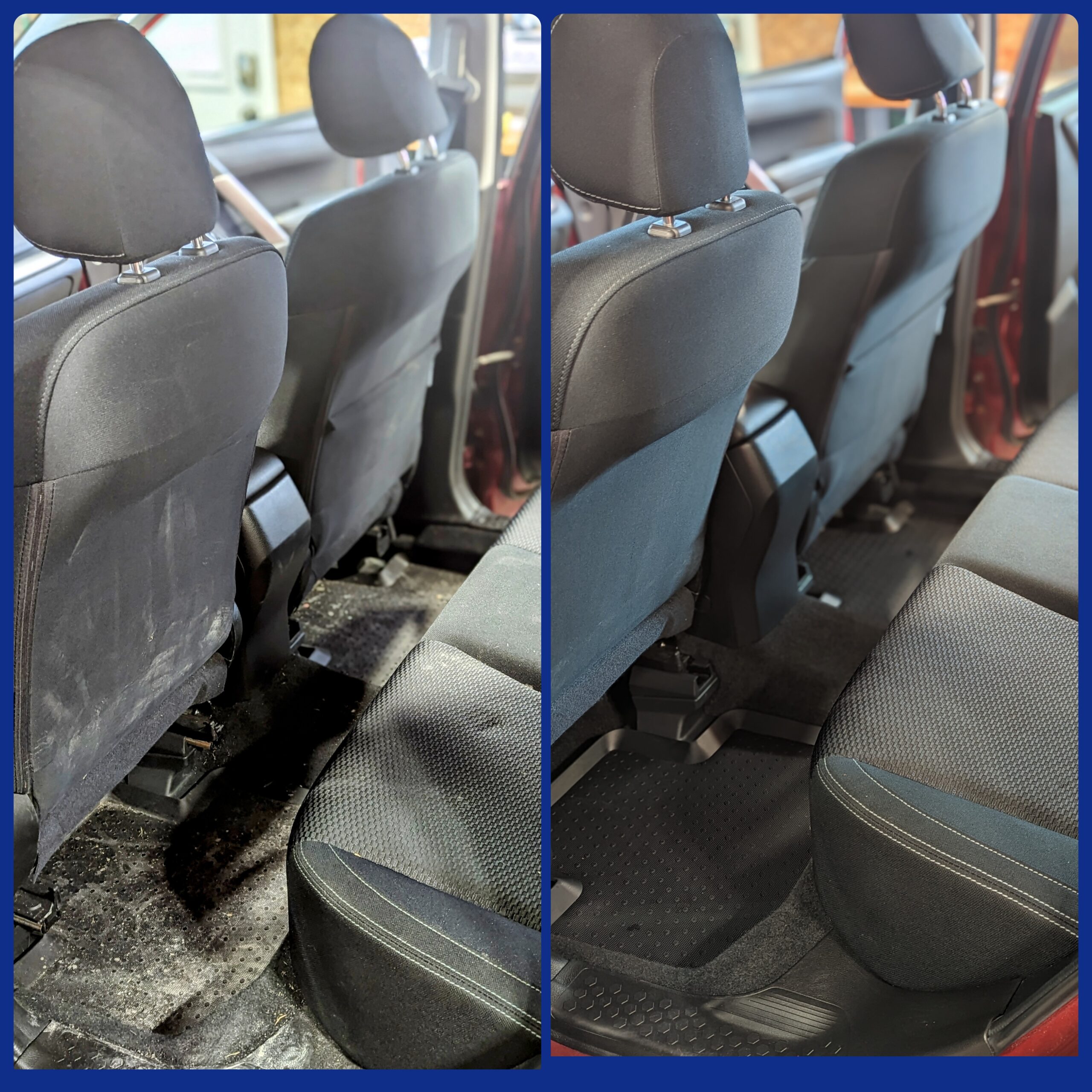 Side-by-side Subaru cloth seatbacks and rear floor before and after interior cleaning