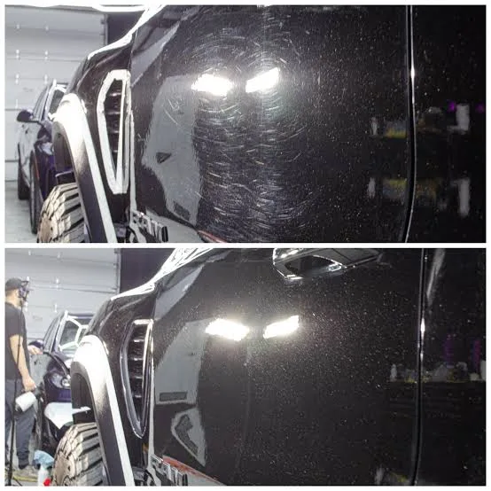 Black truck door before and after correction: heavy swirl marks on top, clear reflection below